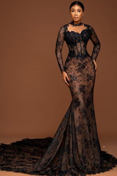 Vintage Brown Mermaid Crew Black Lace Beaded Long Sleeve Court Train Prom Evening Dresses